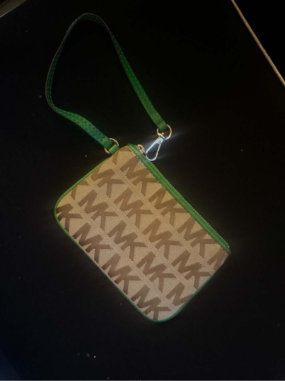 Michael Kors Beige Signature MK Wristlet with Green Trim